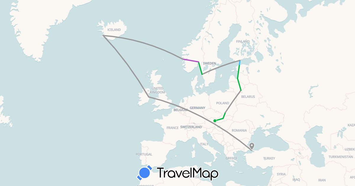 TravelMap itinerary: driving, bus, plane, train, boat in Austria, Estonia, Finland, Ireland, Iceland, Lithuania, Latvia, Norway, Poland, Sweden, Slovakia, Turkey (Asia, Europe)